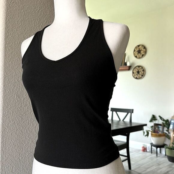 American Eagle Halter Top Ribbed Black Fitted V Neck Open Back Sleeveless - Picture 7 of 8